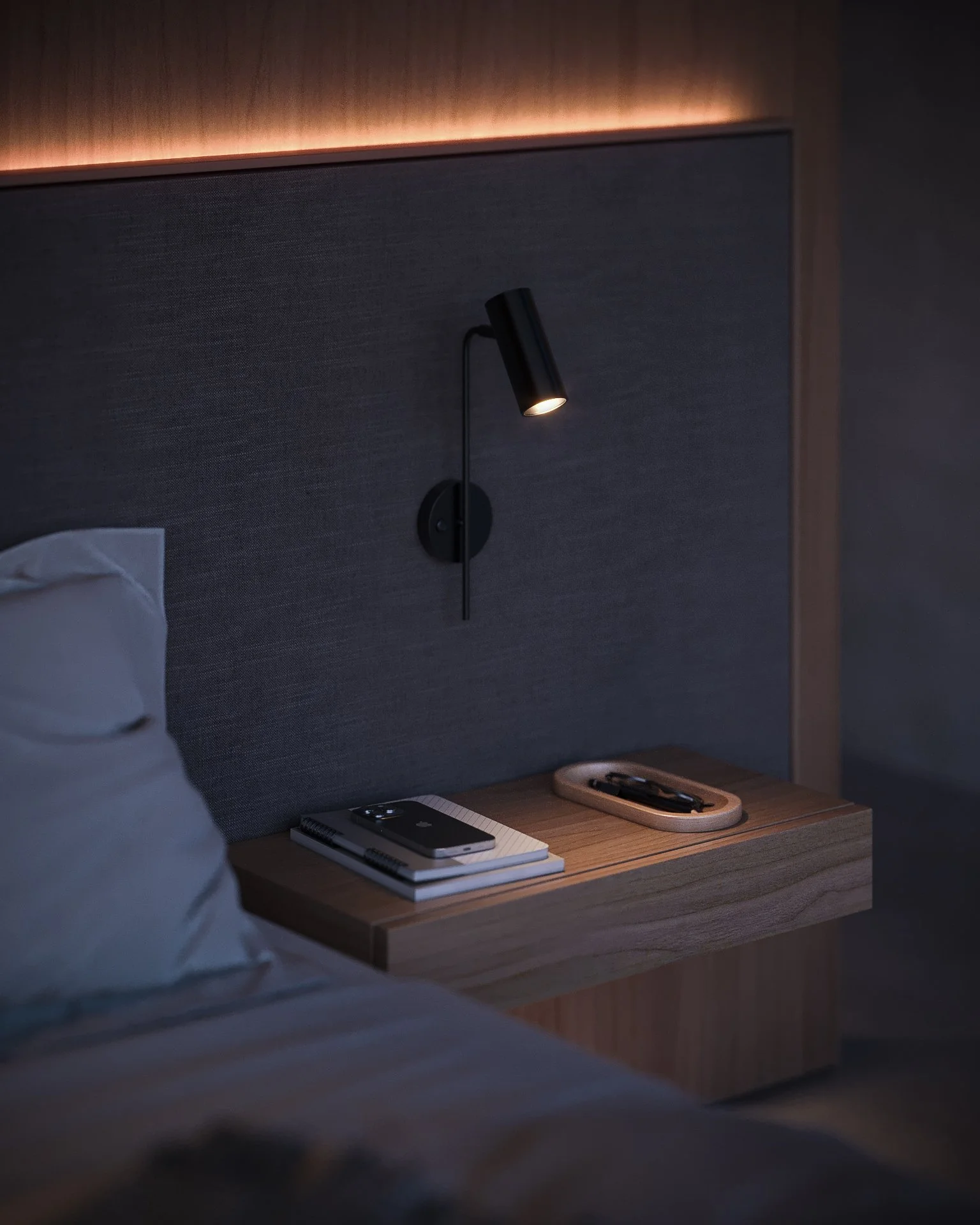 Bedroom illuminated by indirect lighting in contemporary interior visual narrative