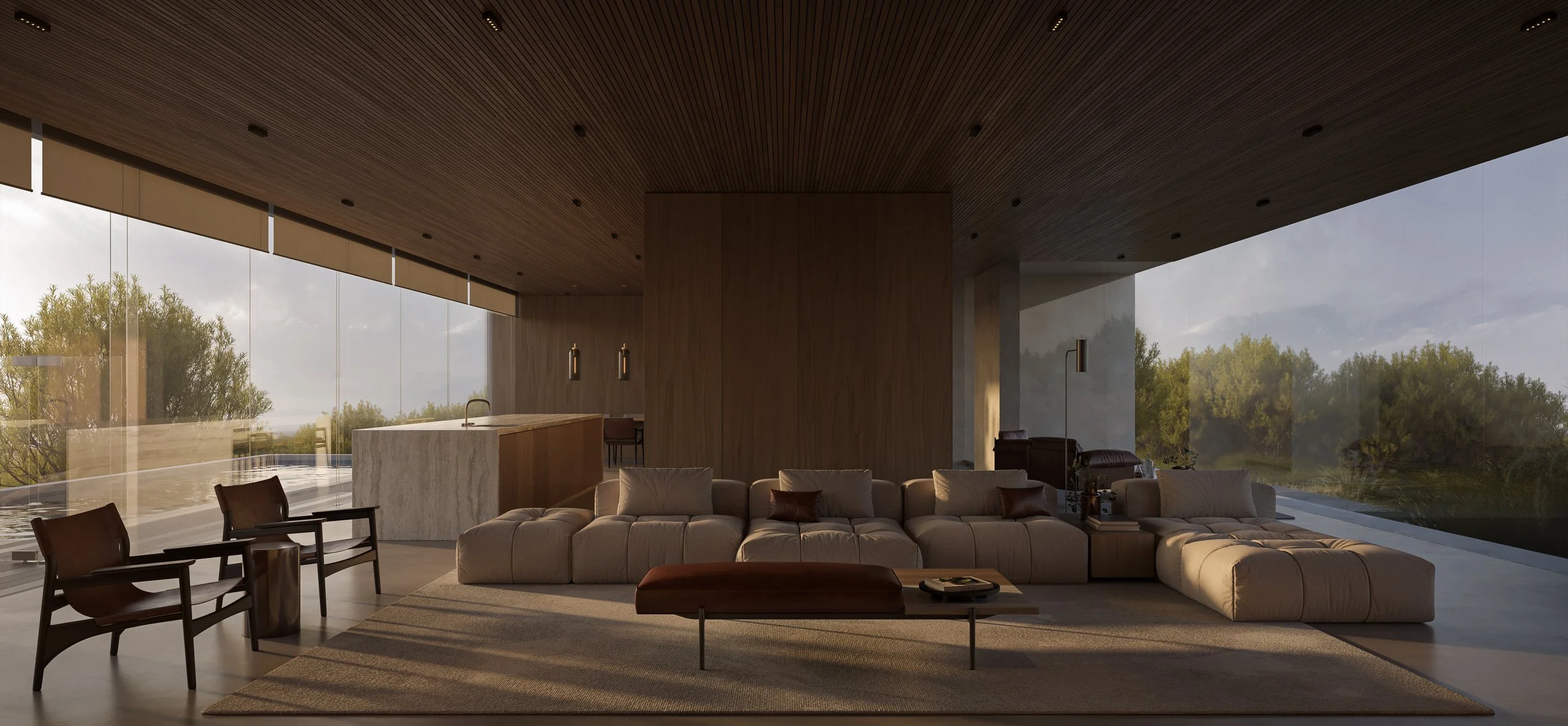 Warm neutral living room interior shaped through architectural visual storytelling