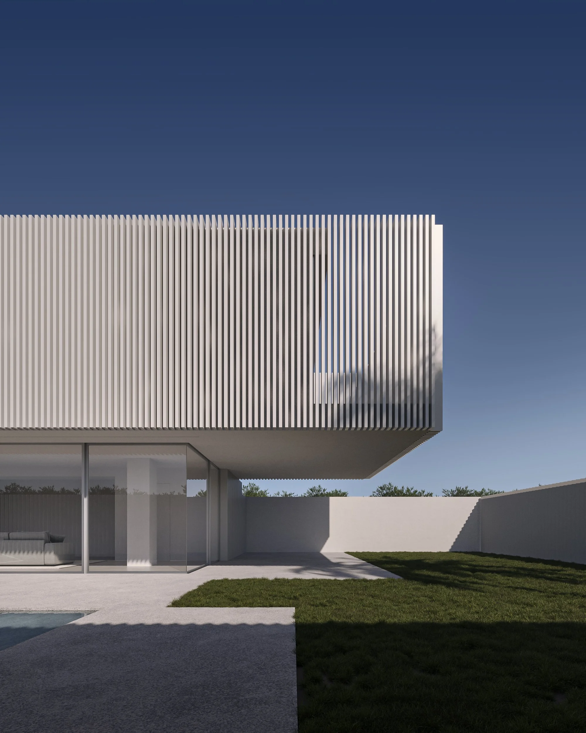 White residential facade interpreted through architectural visual direction