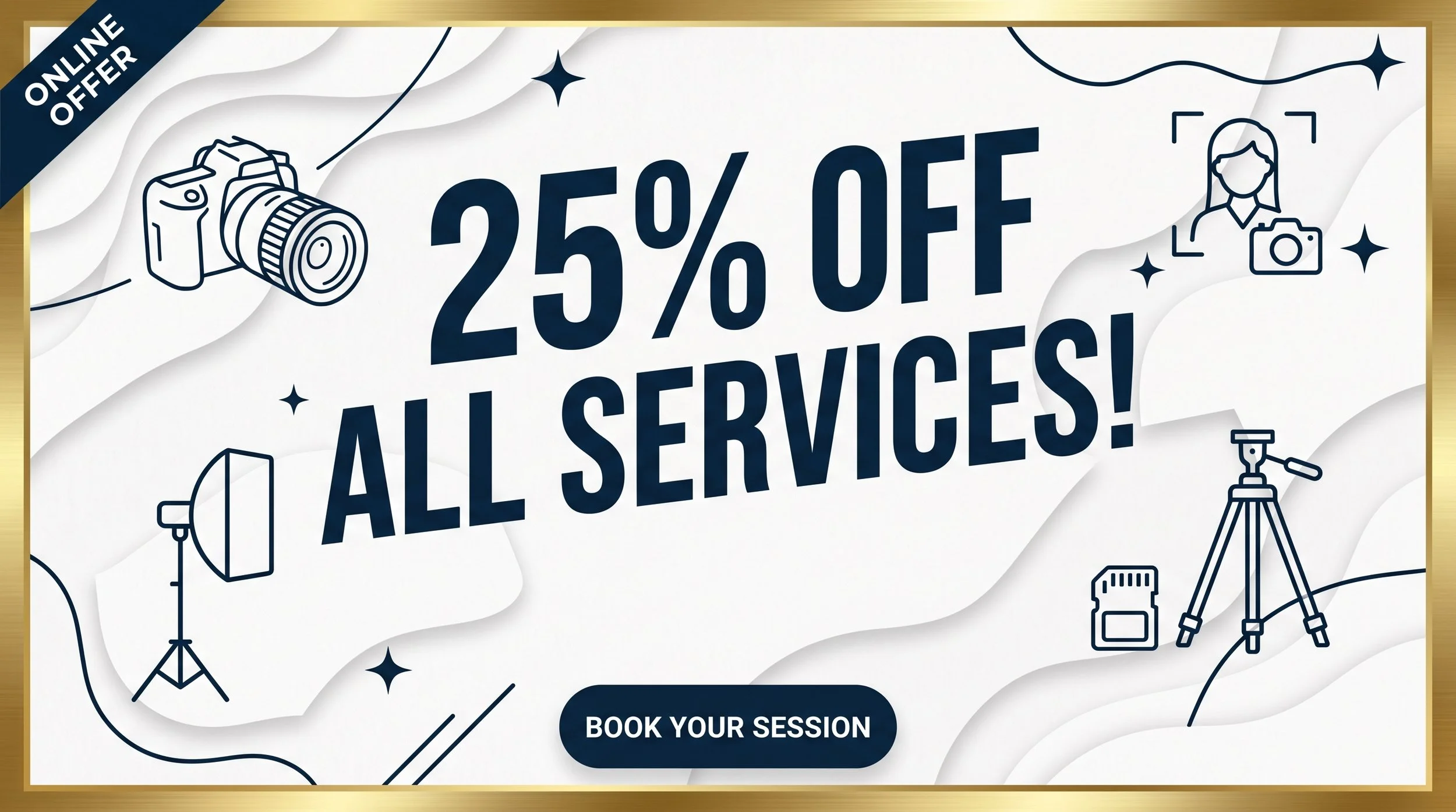 Promotional graphic offering 25% off all services with an online offer, featuring illustrations of a camera, photography equipment, and a person taking photos, with a button to book a session.
