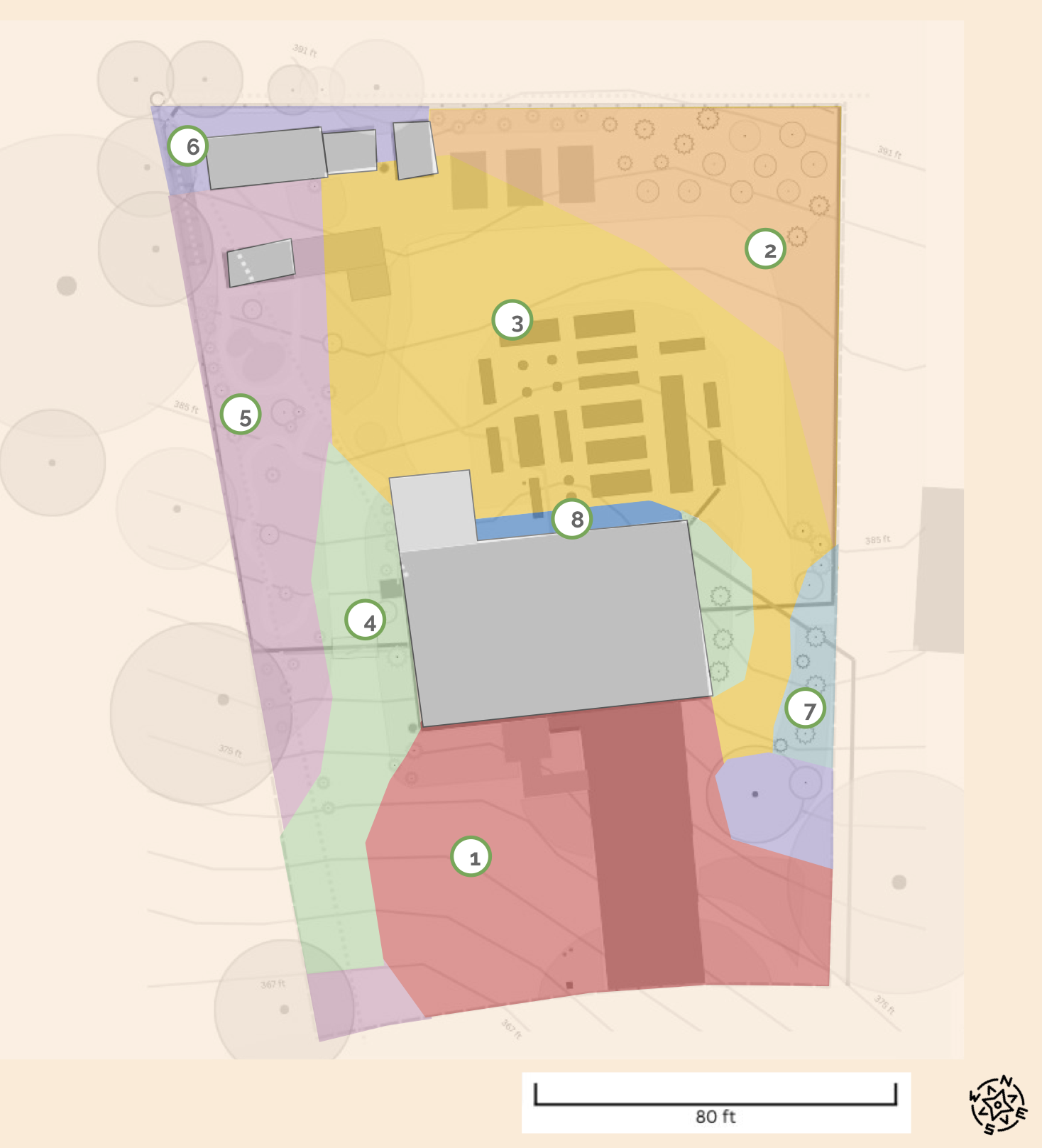 A digital drawing of an overhead view of a home property with color-coded zones identified on the property