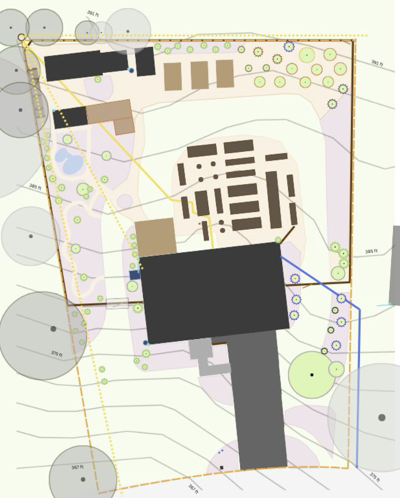 A digital drawing of an overhead view of a home property with property lines, structures, shrubs, trees, and garden areas drawn out