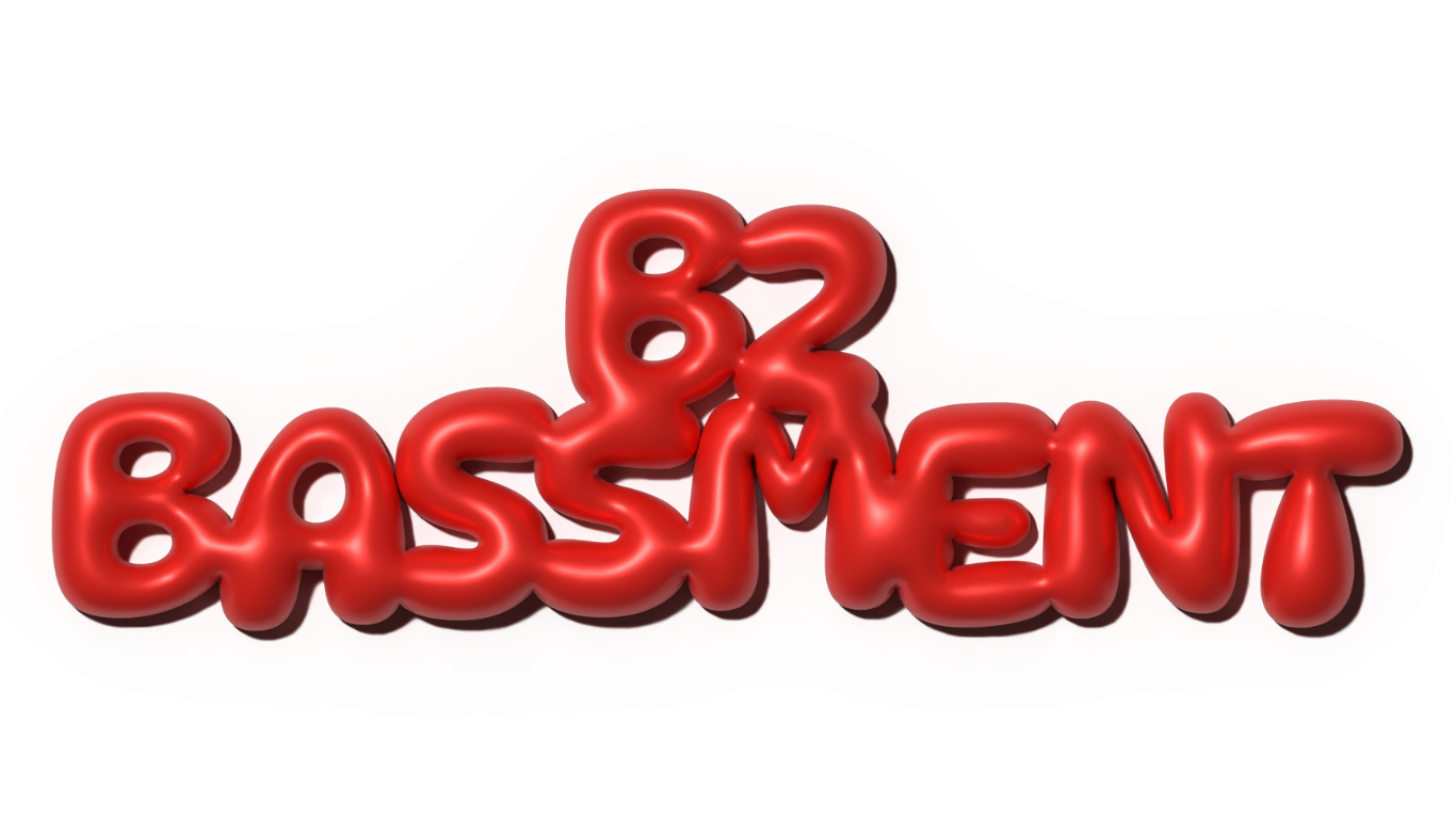 Red balloon-style letters spelling 'B2BASSMENT', another version of the B2B logo.
