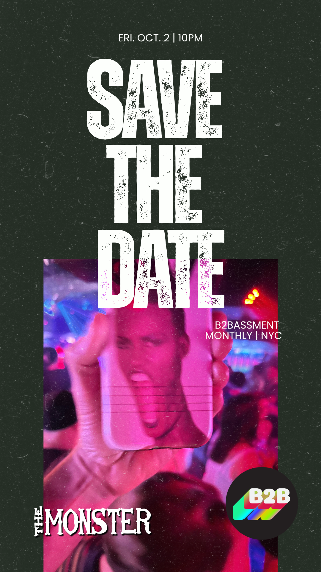 save the date text with b2b and monster logo, grace jones face