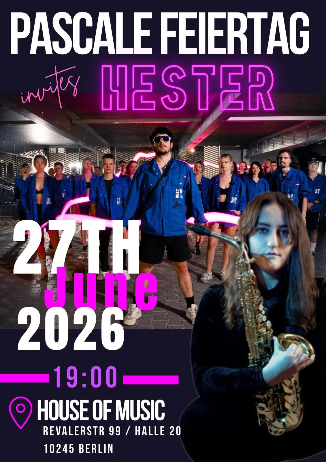 Konzertposter Pascale Feiertag invites HESTER. zu sehen: Die Hester Bigband, die Musikerin Pascale Feiertag, sowie Titel, Datum und Ort der Veranstaltung