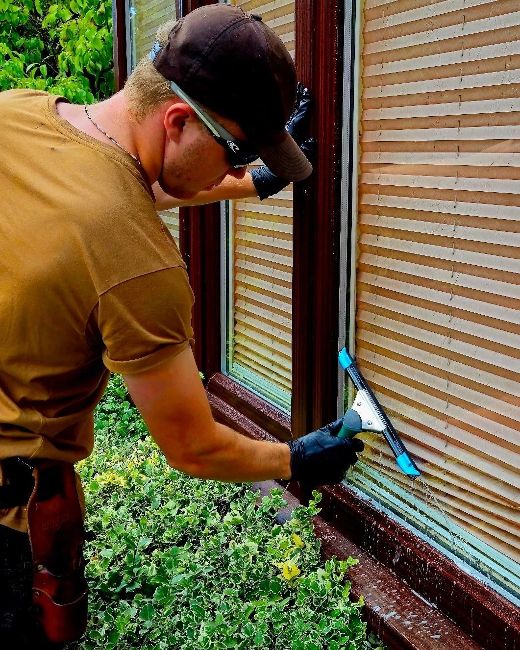 A man cleaning a window with a squeegee, outdoors next to a bush, wearing gloves, sunglasses, and a cap.