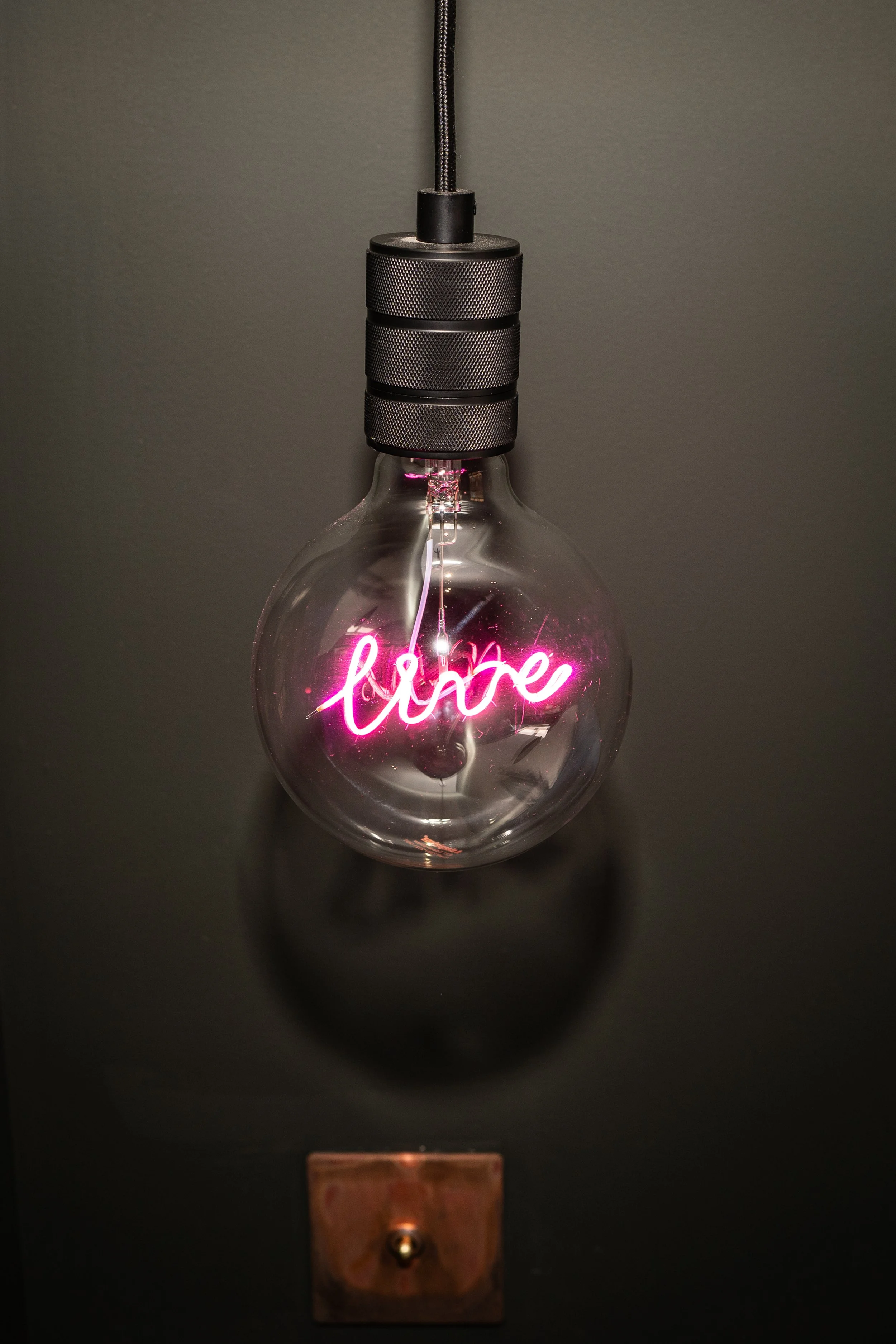 A wall-mounted light fixture with a transparent lightbulb displaying a pink neon sign that says "love" inside.