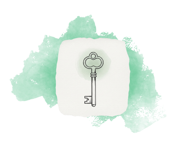 Drawing of a vintage key on a piece of paper, with a green border around the paper.
