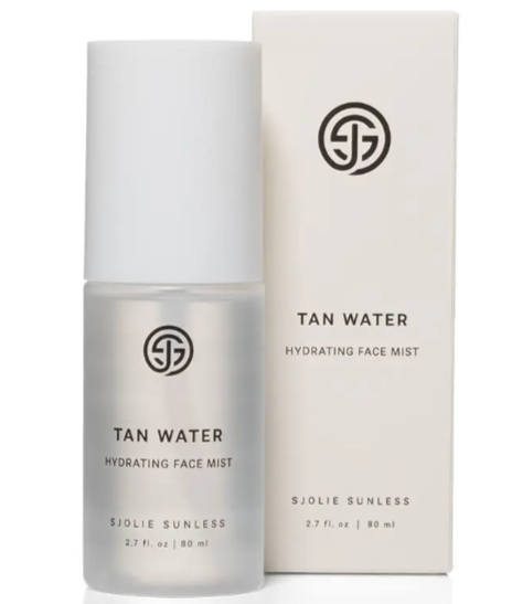 A bottle and box of spray tan safe face Tanning Water by Sjolie Sunless on a white background.