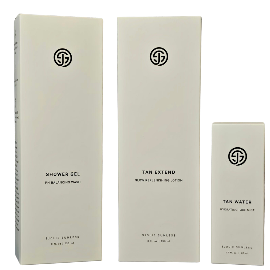 Three Sjolie spray tan safe skincare products in white boxes with black logos and text: shower gel, tan extend glow replenishing lotion, and tan water hydrating face mist.