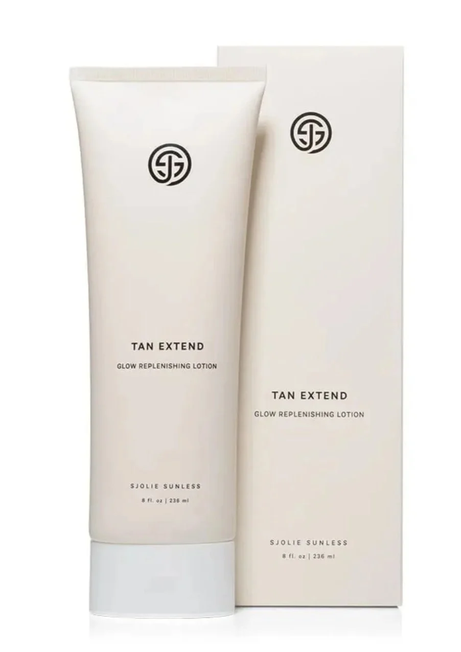 A white tube and box of Sjolie spray tan safe Tan Extend Lotion with black logo and text, 8 fl oz (236 ml).