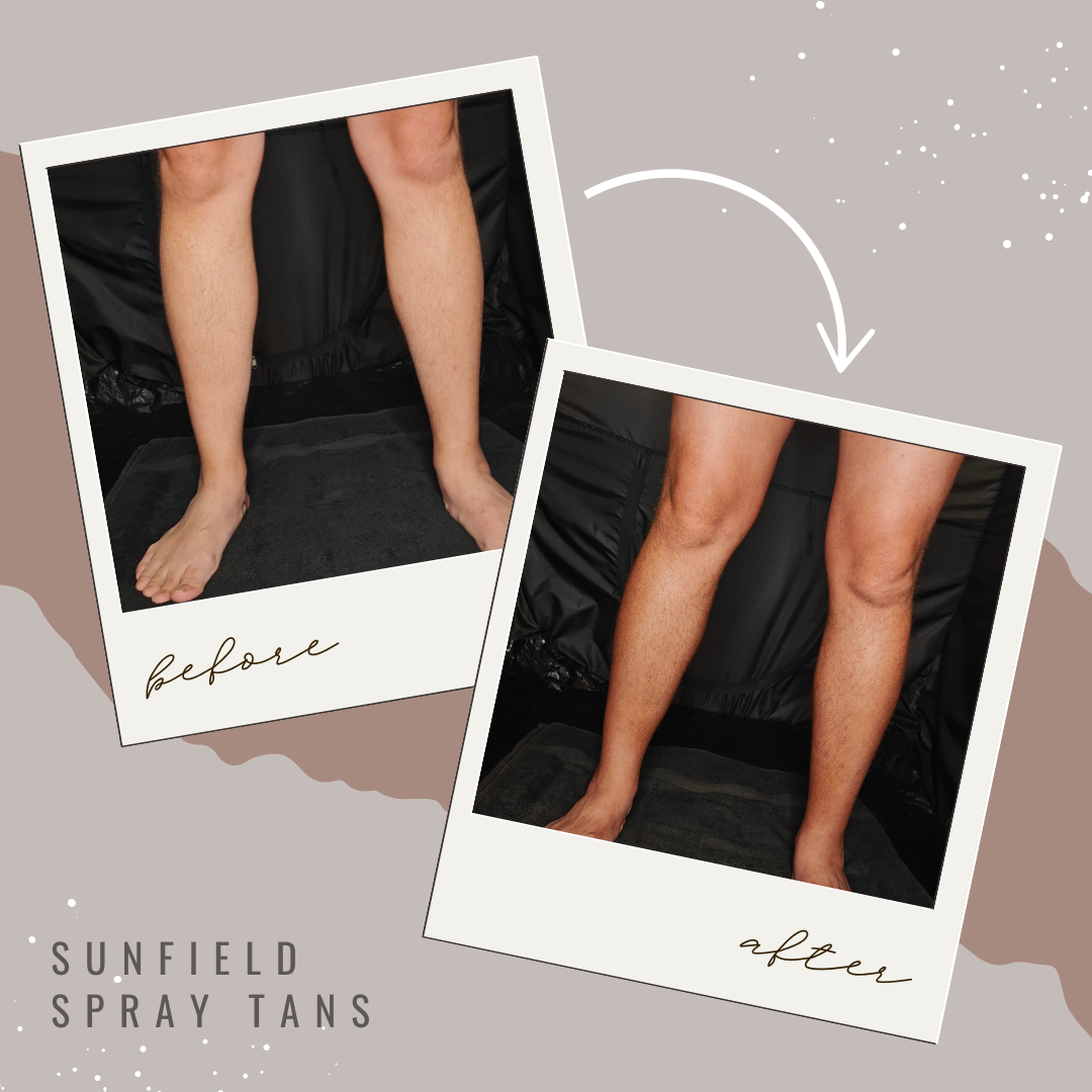 Comparison of legs before and after sunless spray tan, showing increased darkness and even skin tone.