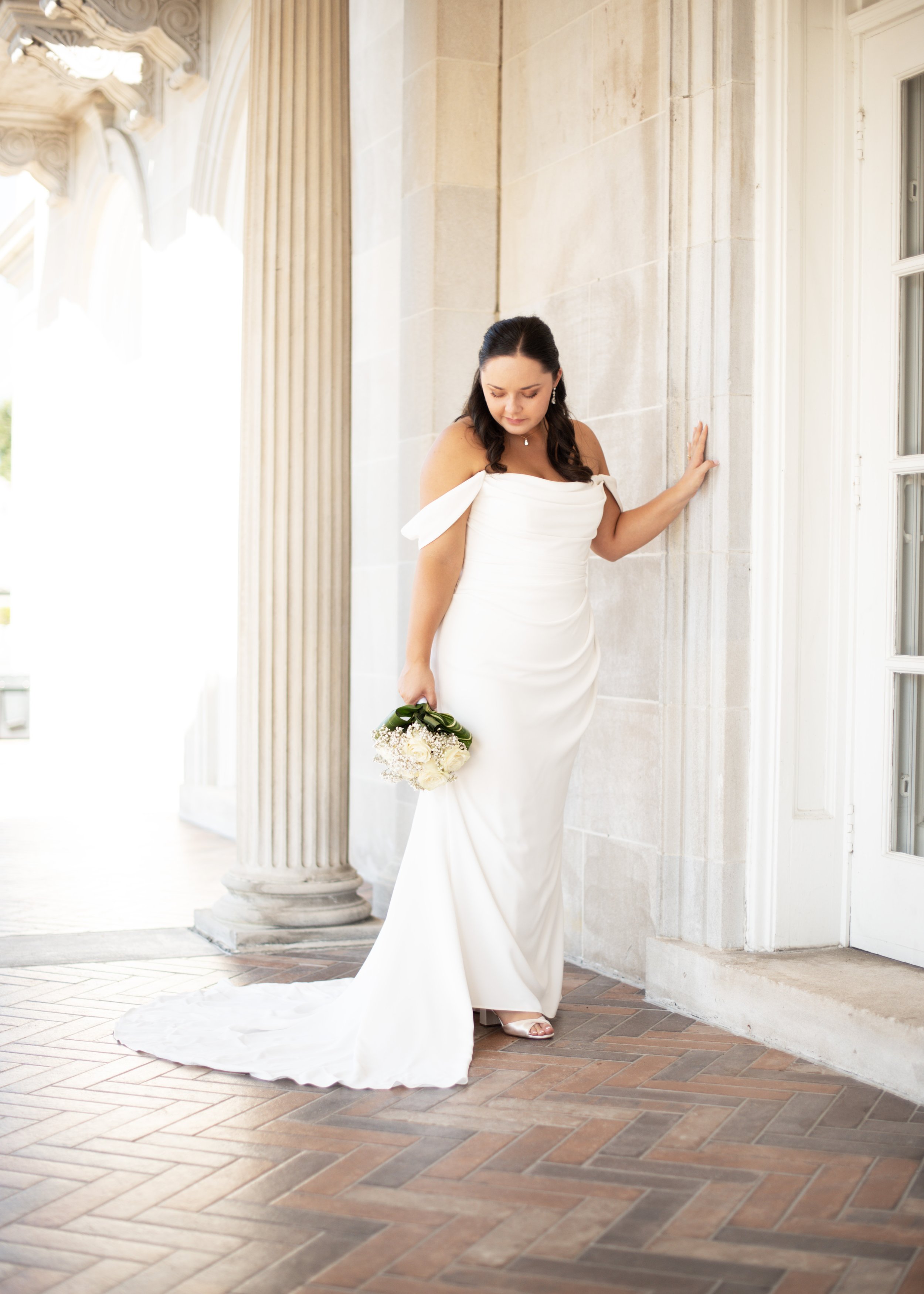 Timeless Bride in stunning off the shoulder gown.