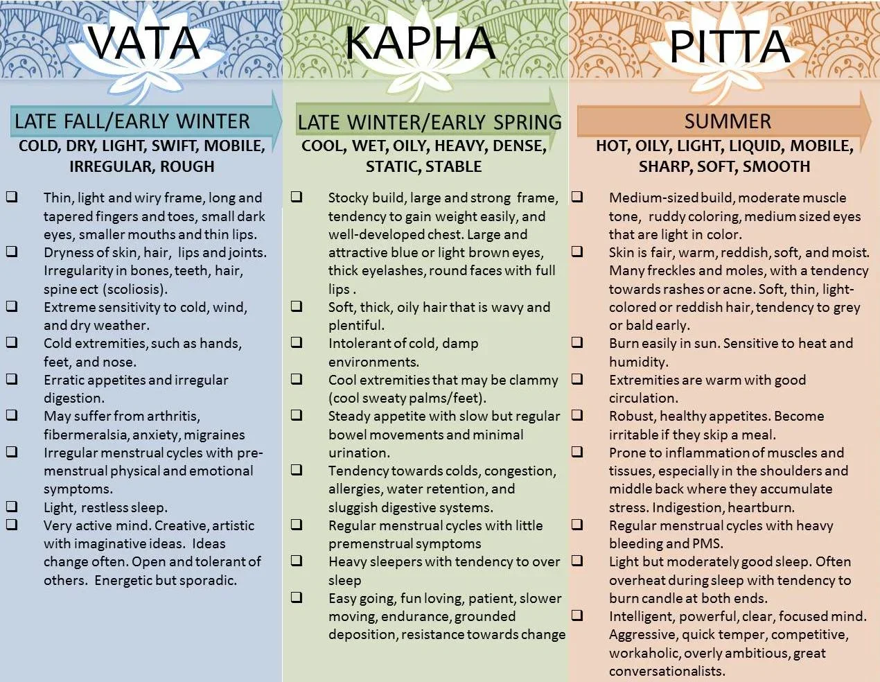 Chart comparing the three Ayurvedic doshas: Vata in blue, Kapha in green, and Pitta in orange, with descriptions of their qualities and characteristics for different seasons.