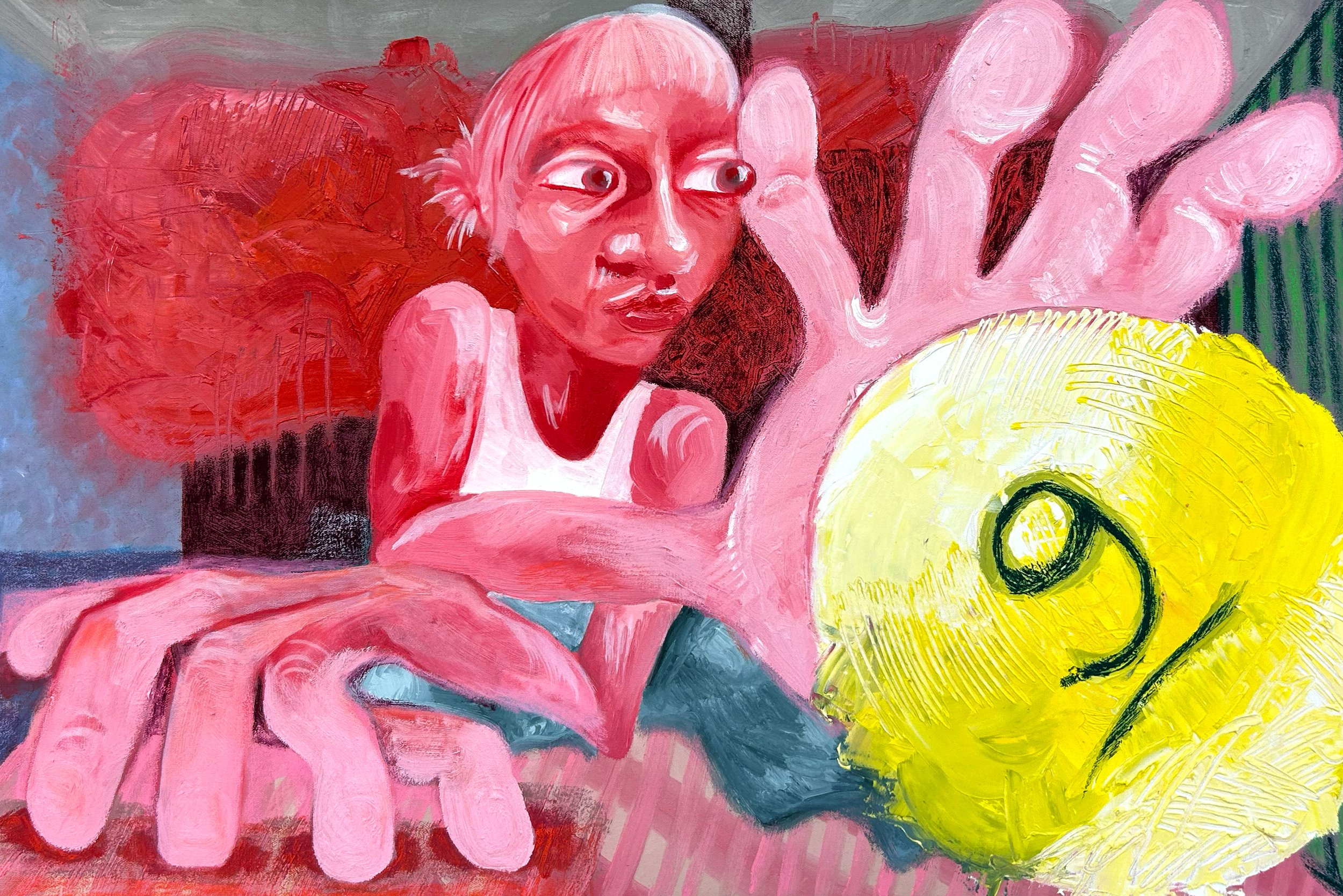 Quarter on the Bar, oil + oil pastel, 36" x 24" x 1.5"