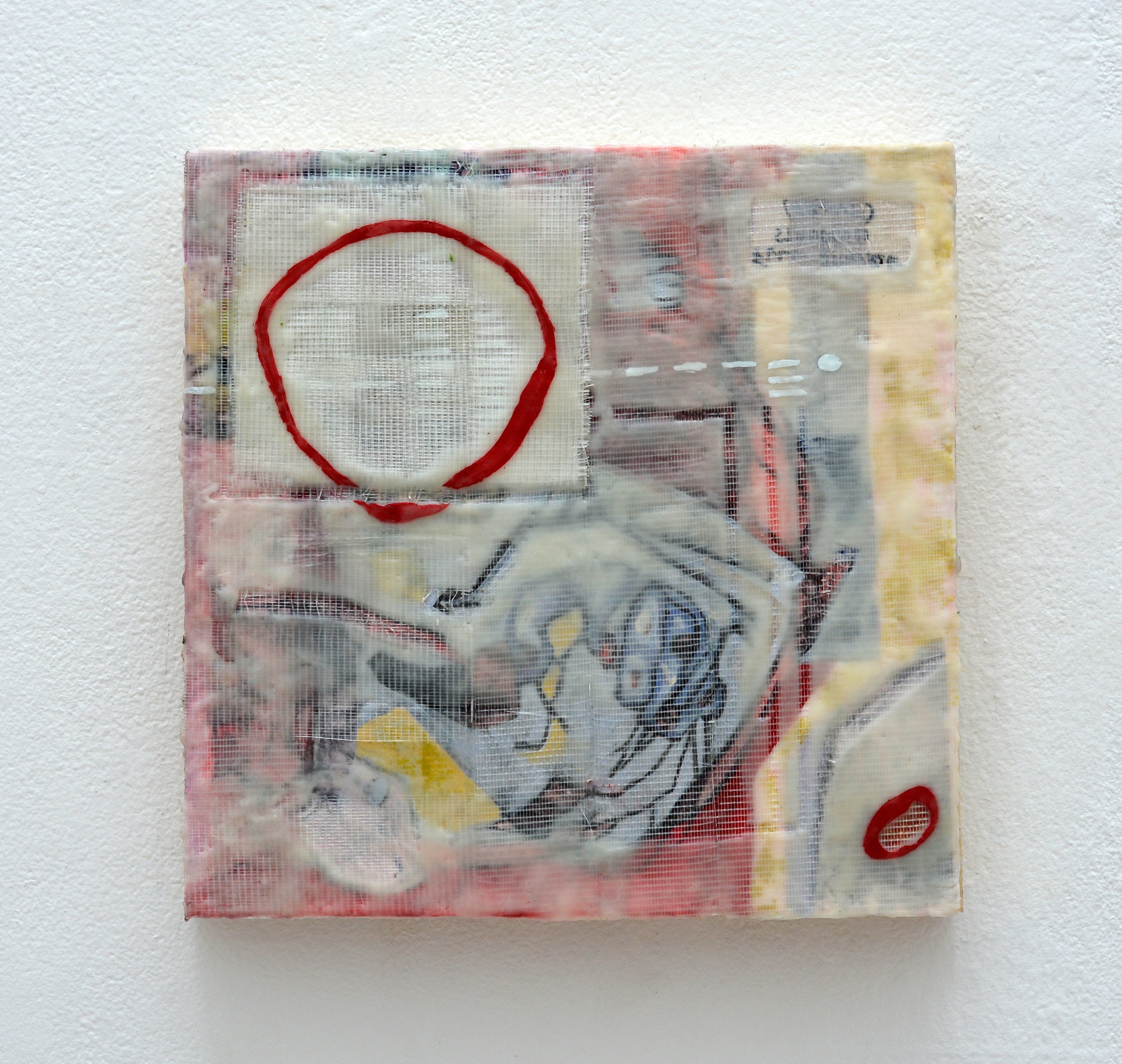 Full Figure Standing, oil + encaustic + fibatape + acrylic transfer, 12" x 12" x 2"