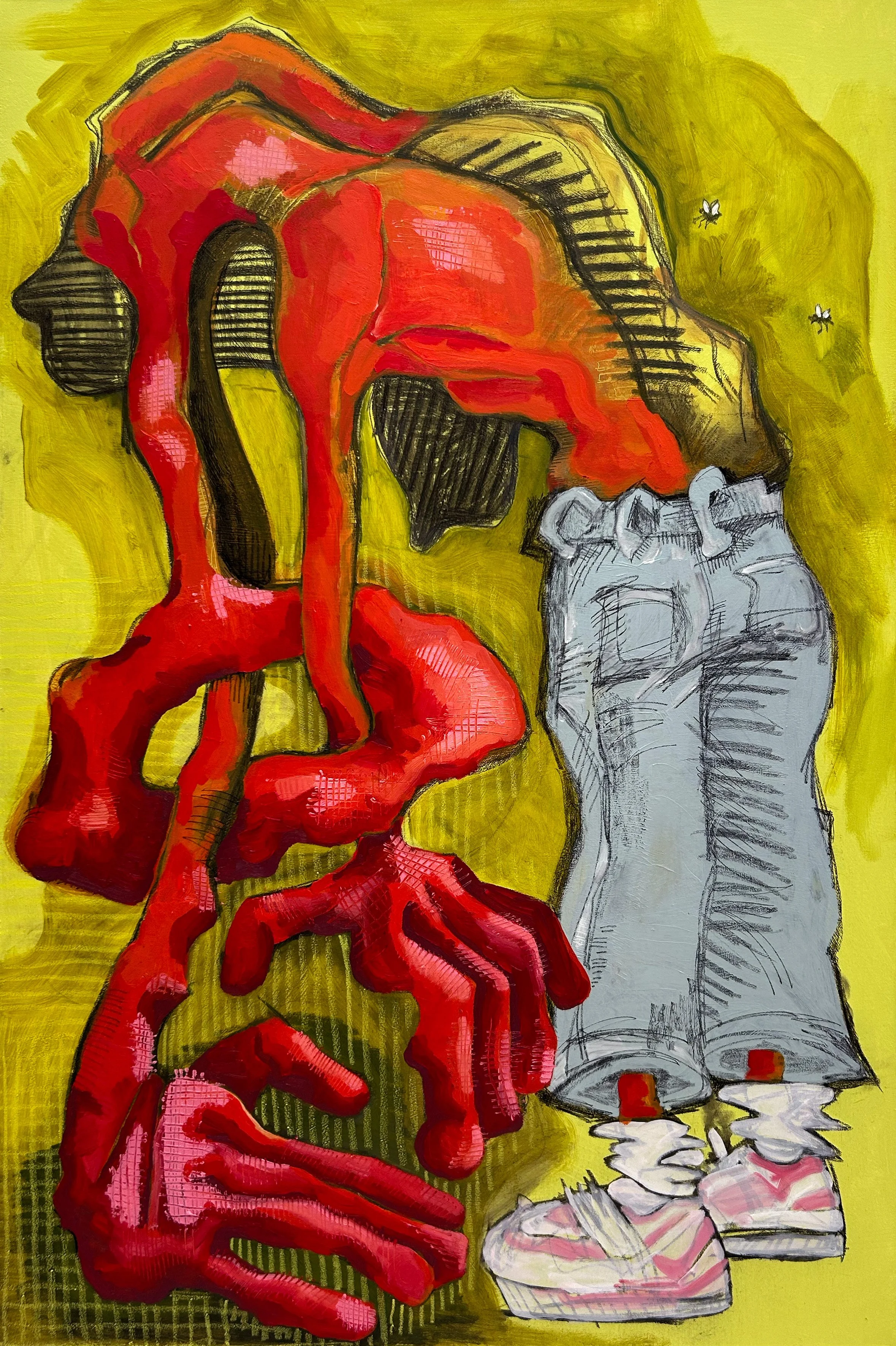 Stinky, oil + charcoal + oil pastel, 72" x 48" x 2"