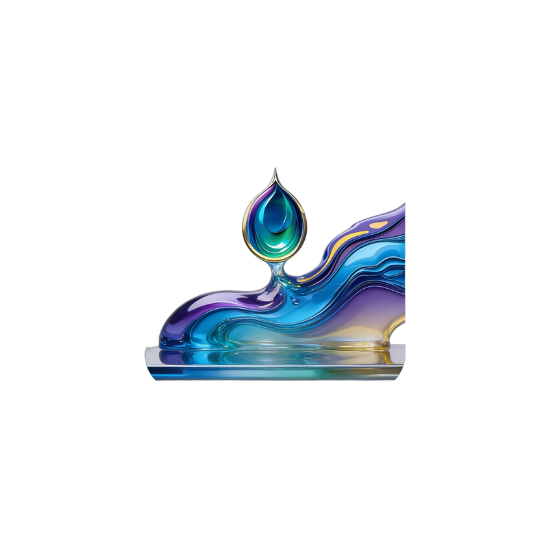 Abstract glass art with vibrant blue, purple, green, and yellow colors, shaped like a wave with a droplet above it, set against a black background.