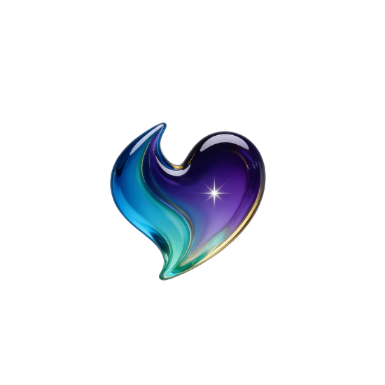 A colorful glass heart with swirl of blue, purple, and teal hues, shining with a star-shaped reflection against a black background.