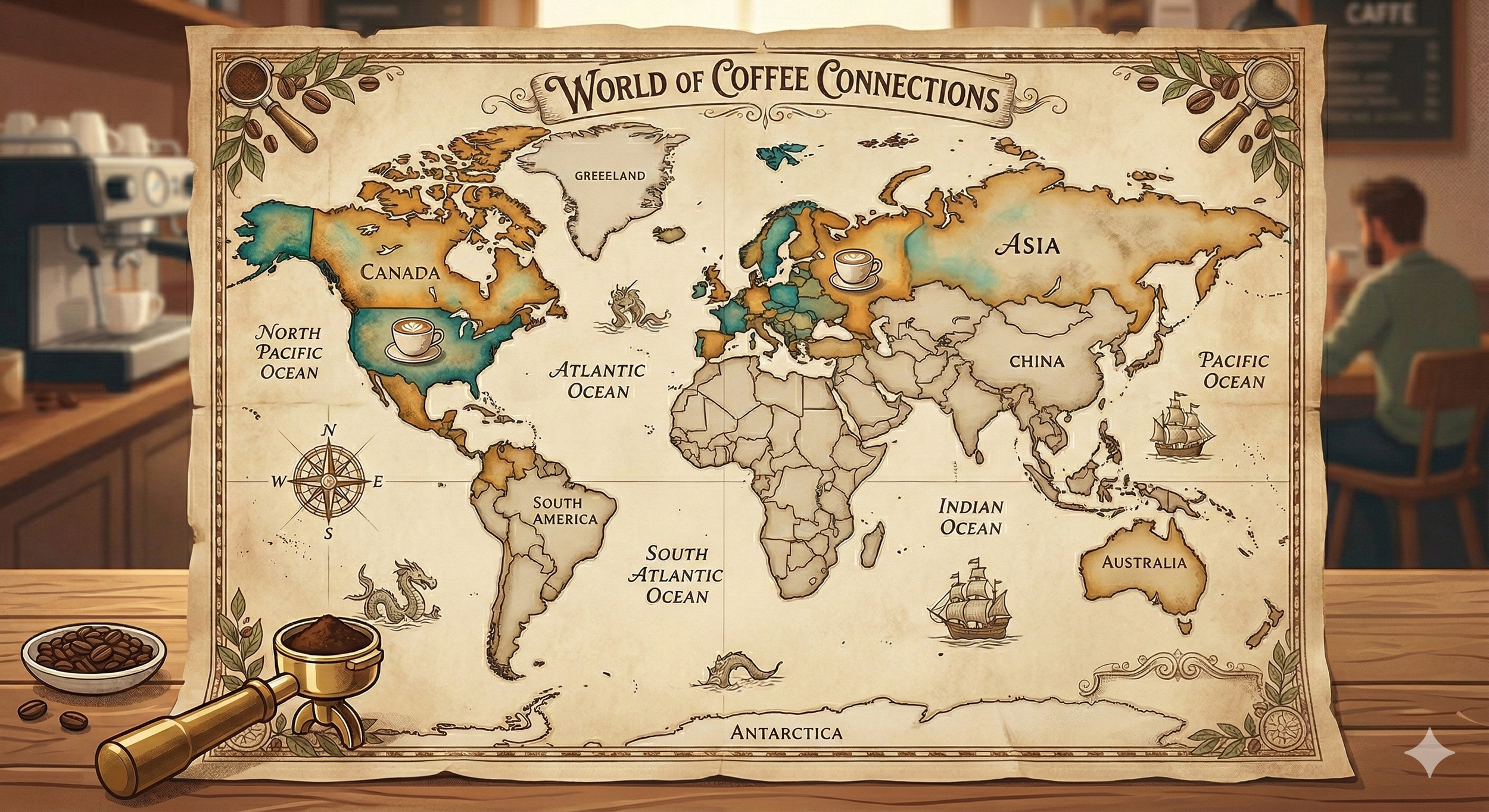 a old map highlighting North America and Europe coffee consumption