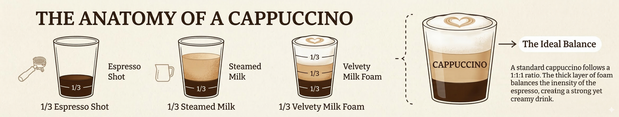 The anatomy of a cappuccino, 1/3 espresso shot, 1/3 steamed milk, 1/3 velvety milk foam, this makes the ideal cappuccino