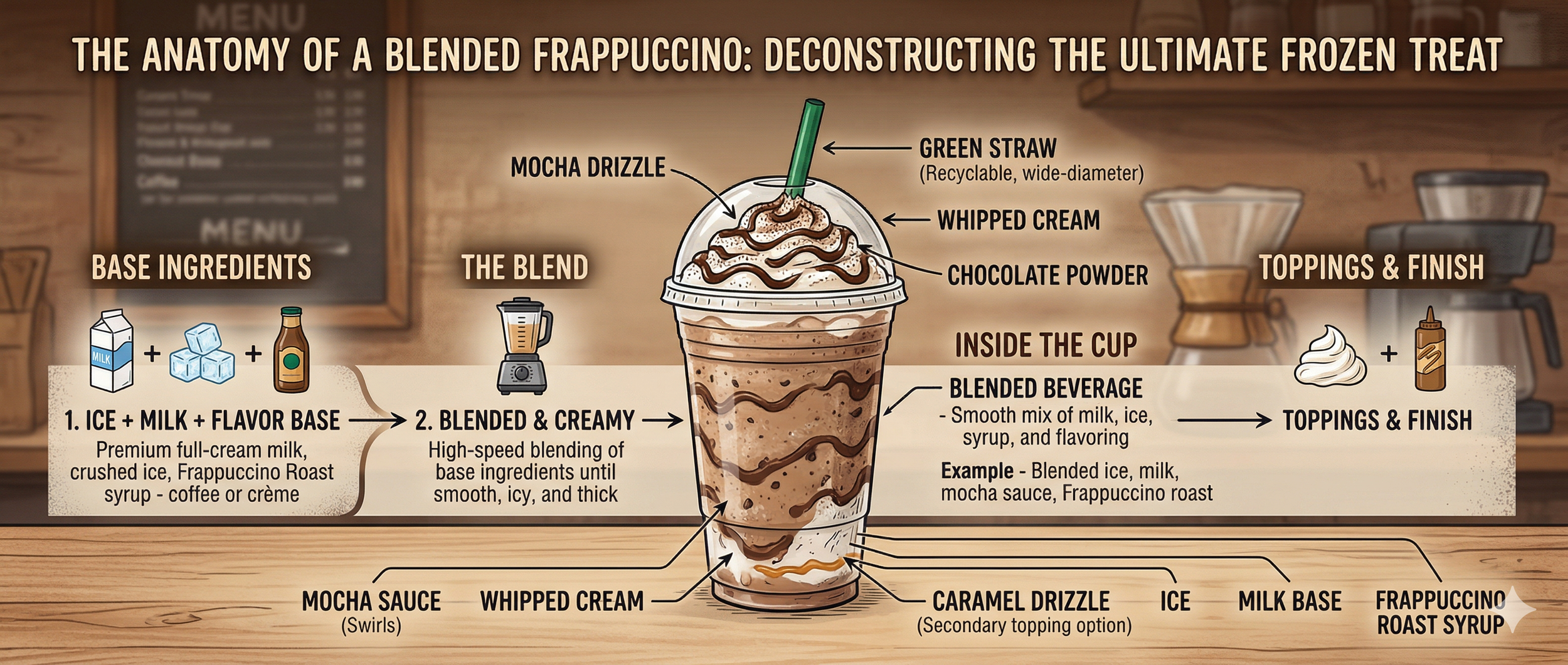 Anatomy of a blended frappuccino- How to make a blended frappuccino, ice + Milk + flavor + blend + toppings