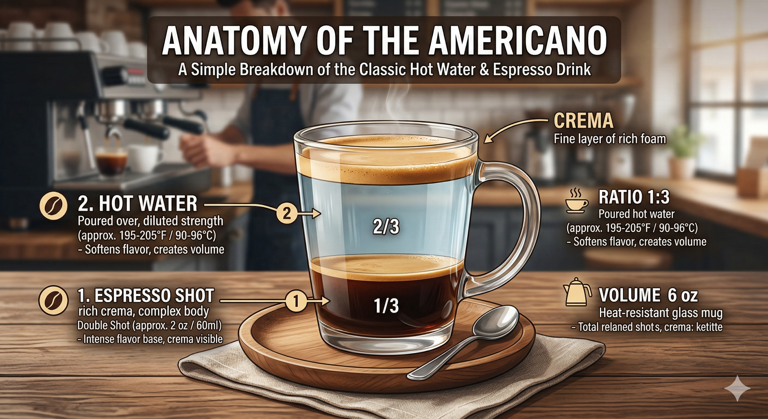 Anatomy of the Americano, How to make an Americano Coffee, 1/3 espresso shot, 2/3 hot water