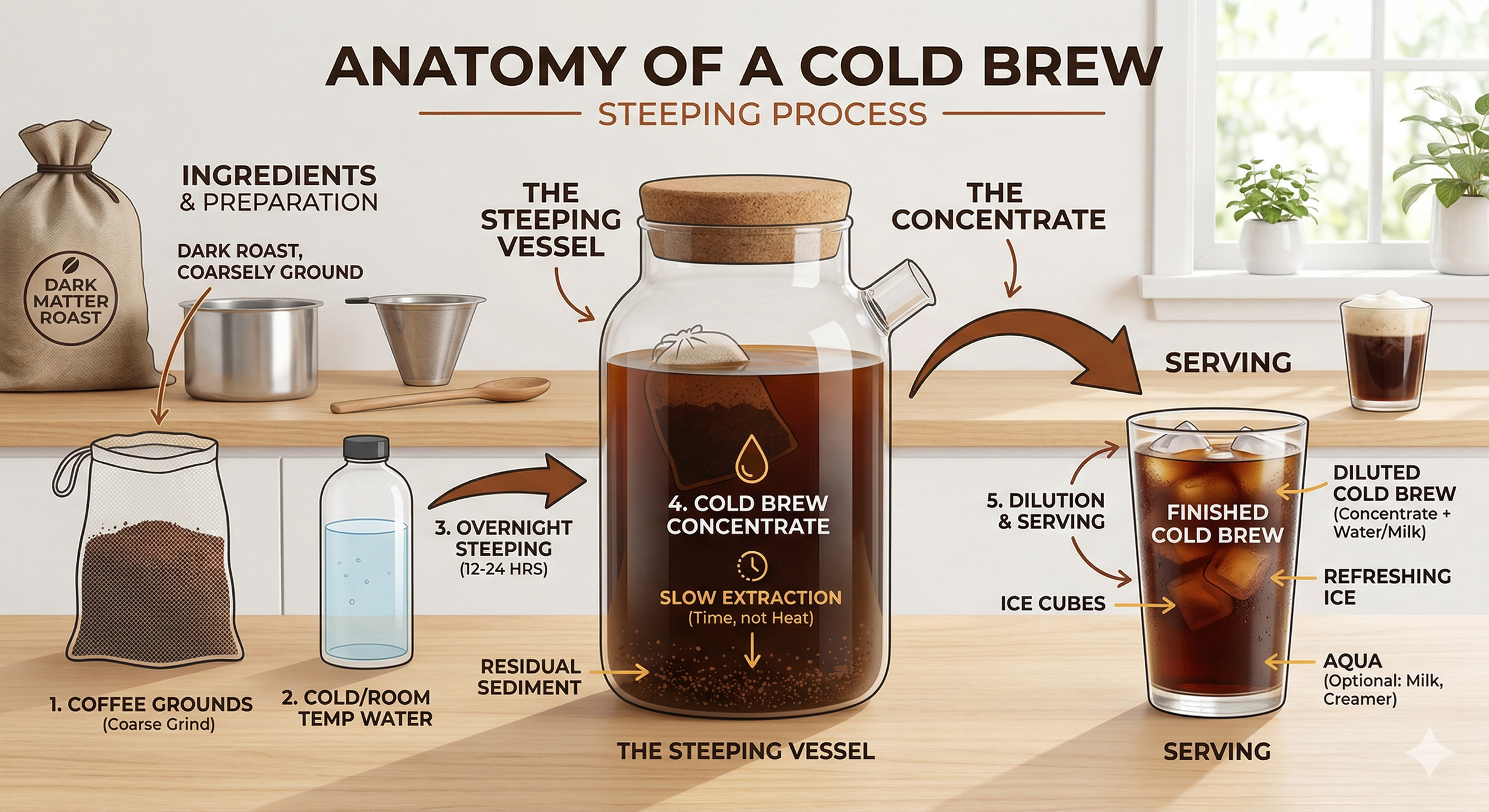 Anatomy of a cold brew, step 1 coffee grounds, step 2 cold/room temperature water, step 3 steep overnight, step 4 cold brew concentrate, step 5 dilution and serving