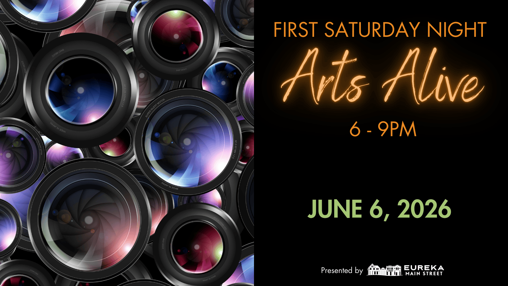       
  
    FIRST SATURDAY NIGHT ARTS ALIVE June 6th, from 6 to 9 p.m. Enjoy a lively evening in Downtown &amp; Old Town Eureka as galleries, museums, theaters, bars, and restaurants stay open late. Explore art, catch live performances, and soak in