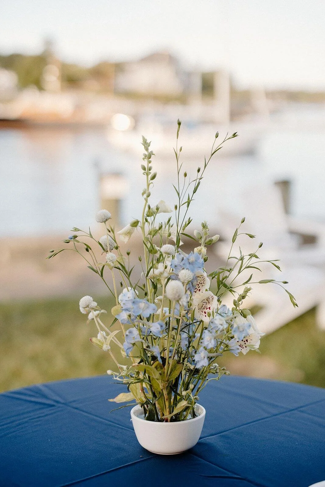 Coastal cocktail hour arrangement with blue delphinium and white globe amaranth, waterfront New England wedding, Milkweed Floral Co