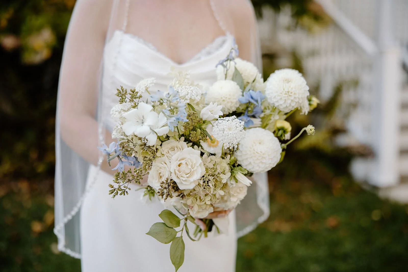 Classic blue and white bridal bouquet with white dahlia pompons, garden roses, blue delphinium, and hydrangea, held by a veiled bride, outdoor Maine wedding by Milkweed Floral Co