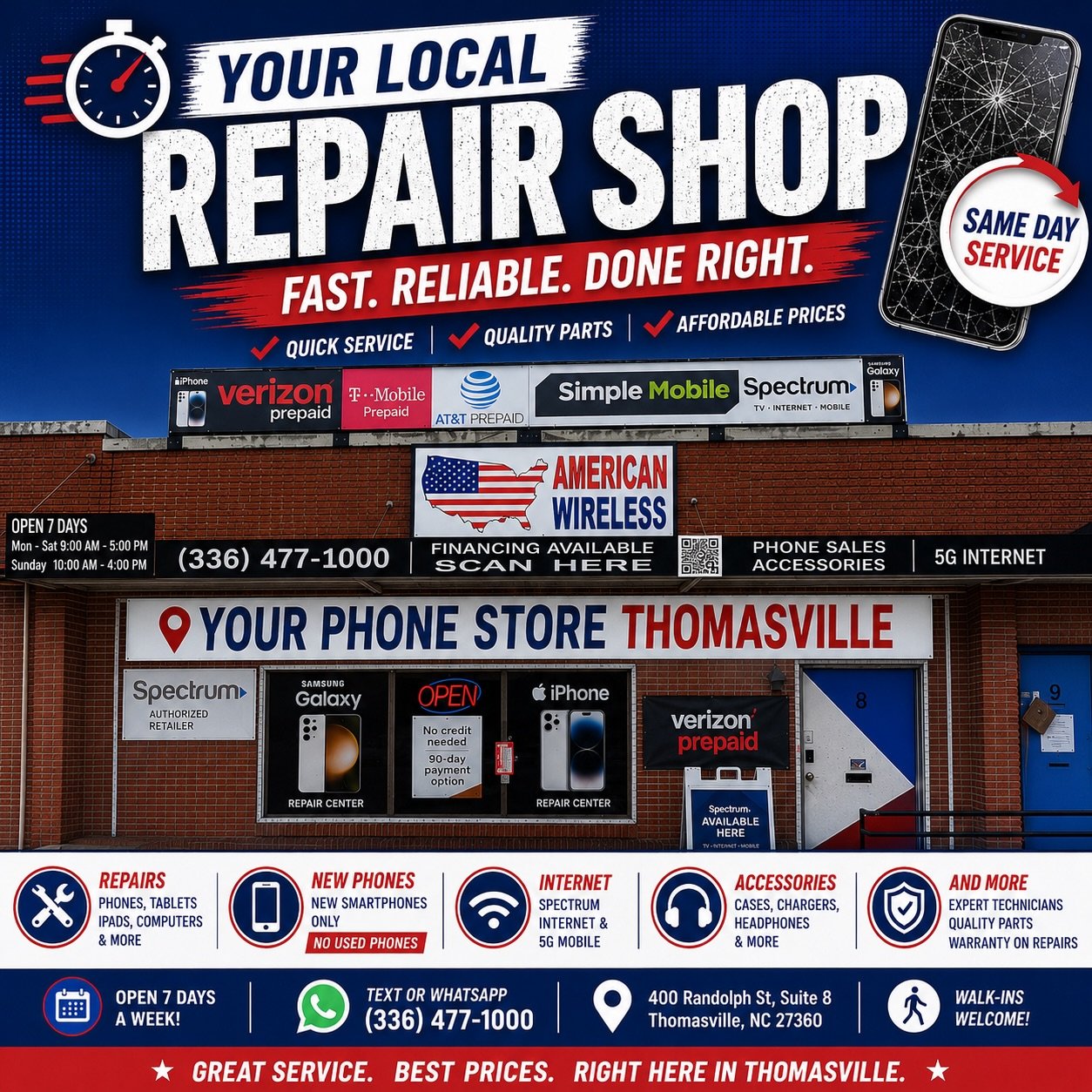 📱 YOUR LOCAL PHONE STORE IN THOMASVILLE, NC 🔥
&iquest;Buscando una tienda confiable para reparaciones, tel&eacute;fonos, internet y m&aacute;s? 

We&rsquo;ve got you covered 🙌

At American Wireless we offer:

🔧 Phones Repairs &amp; Unlocking 
📱 