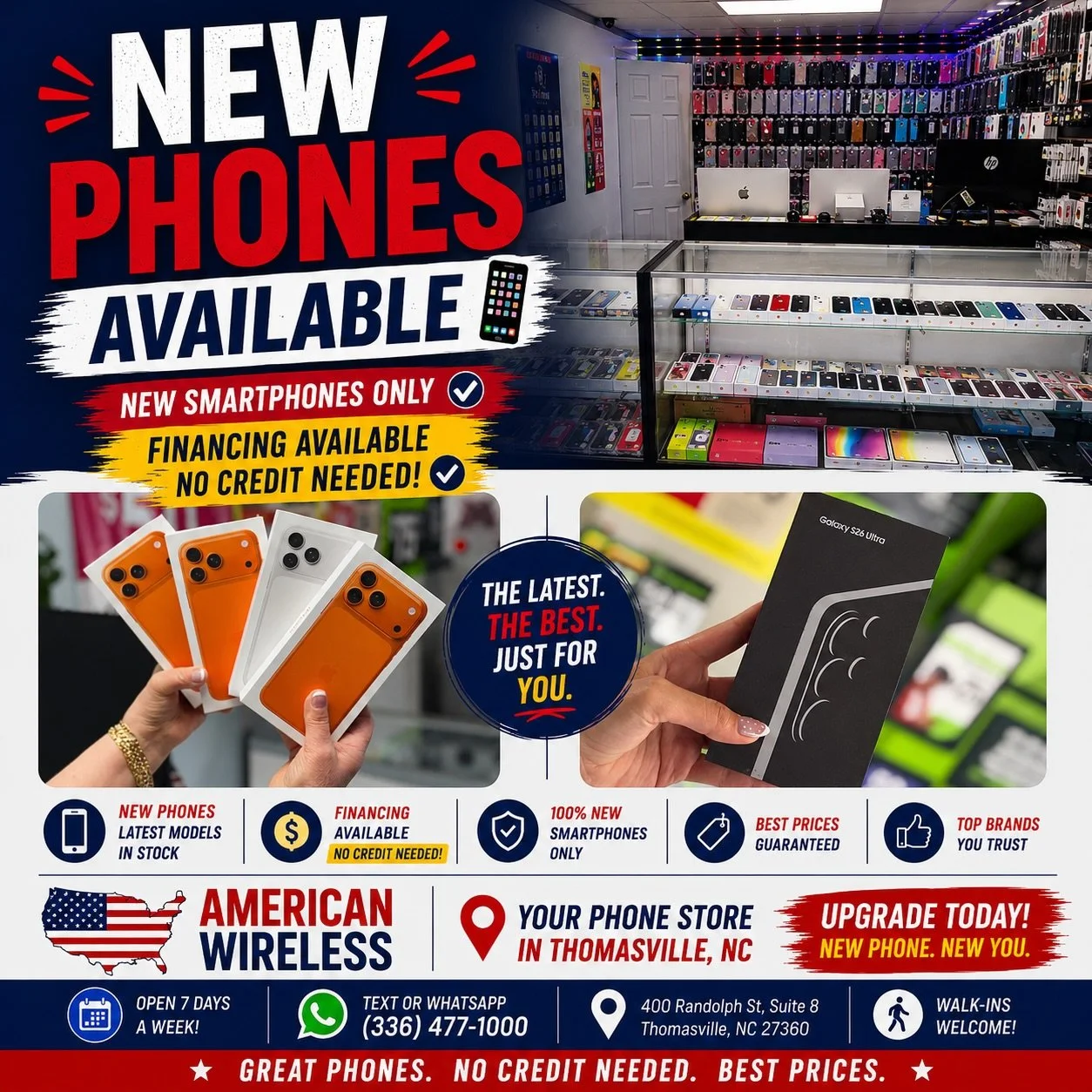 🚨📱 NEW PHONES AVAILABLE &mdash; Upgrade time!

Thinking about getting a new phone? 👀🔥
Lo tenemos para ti!!

✨ Latest models available
📱 iPhone &amp; Samsung
✅ Brand new phones only
💳 Financing available
🚫 No credit needed

Stop by and check th