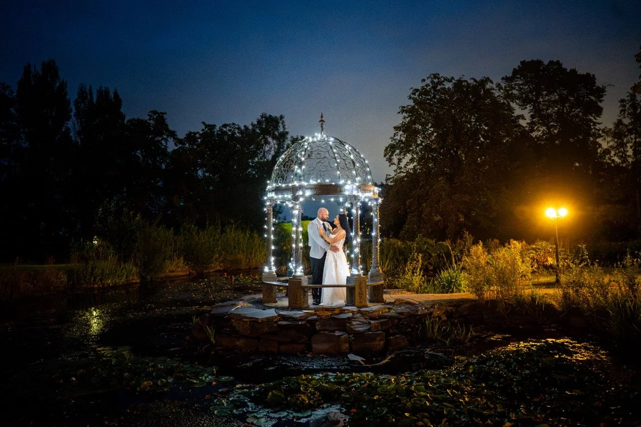 Thornton Hall Hotel and Spa wedding photography - Couple outside night time romantic portrait