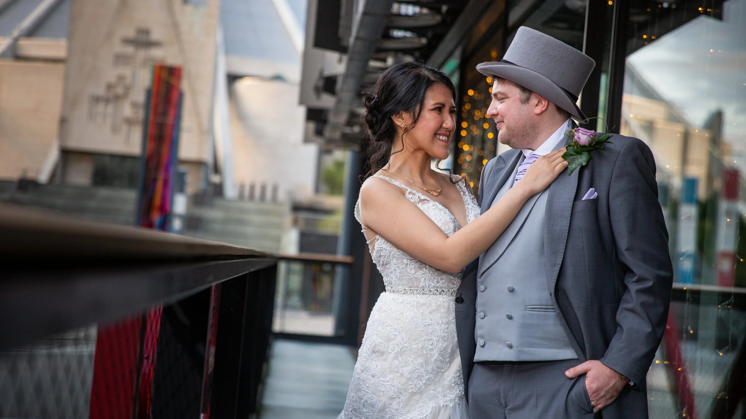the everyman theatre liverpool wedding photography, bride and groom on balcony in front of cathedral in city centre