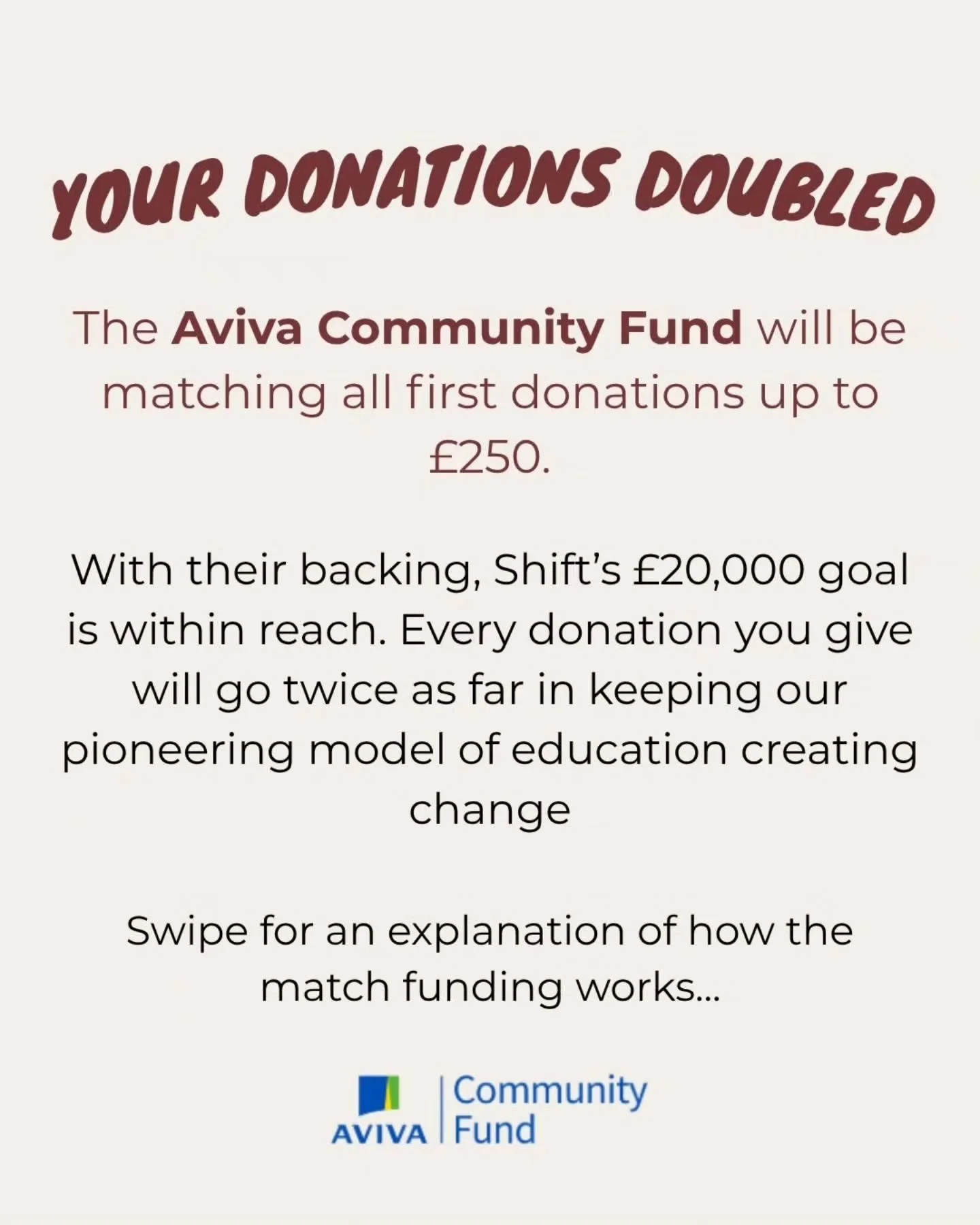 Thanks to Aviva Foundation's Community Fund, all your first donations up to &pound;250 will be match funded!

This means Aviva will double your first pledge to our Crowdfunder 🎉

That means that your &pound;25 becomes &pound;50, your &pound;50 becom