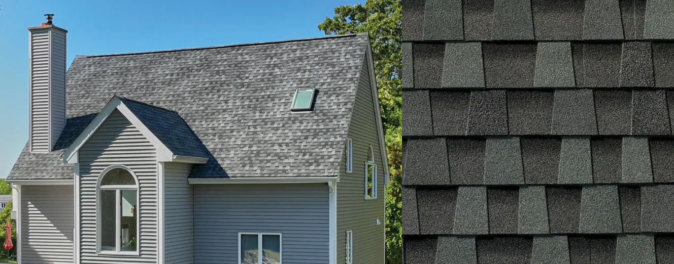 Side-by-side comparison of different shingle types on houses. The left side shows a house with traditional asphalt shingles, and the right side shows a close-up of textured, dark-colored shingles.