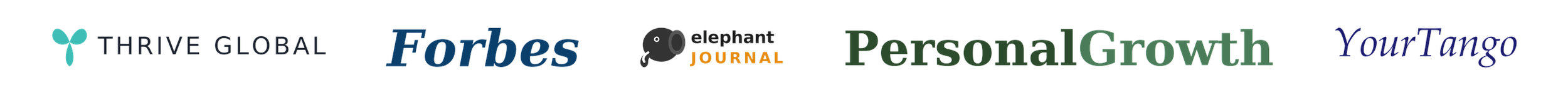 Logos of Thrive Global, Forbes, Elephant Journal, Personal Growth, and YourTango