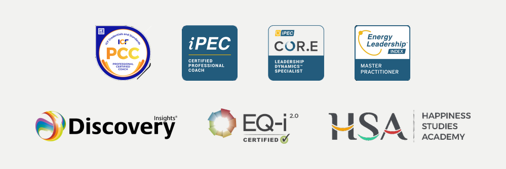 Collection of various certification logos including PCC, iPEC, Core, Energy Leadership Index, Discovery Insights, EQ-i 2.0, USA, and Happiness Studies Academy.