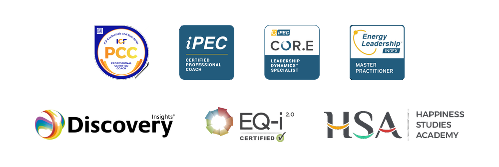 Collection of various certification logos including PCC, iPEC, CORE, Energy Leadership, Discovery, EQ-i 2.0, HSA, and Happiness Studies Academy.