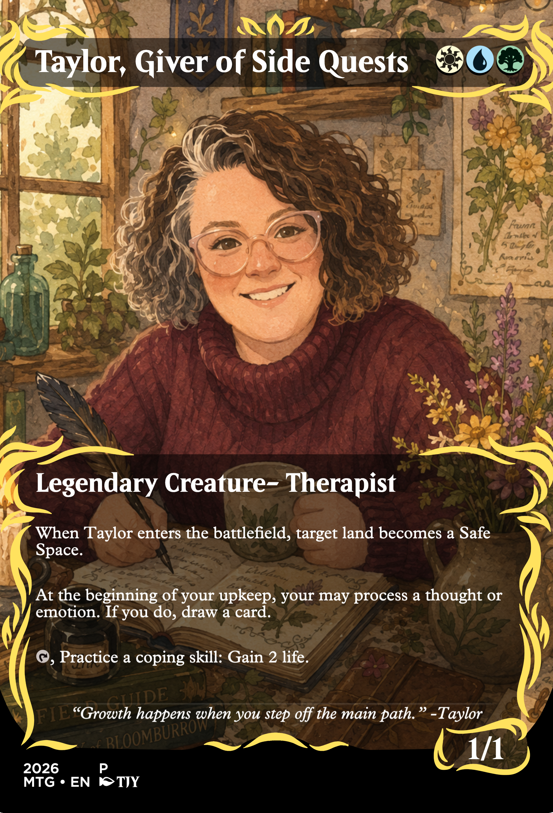 Portrait of Taylor, stylized as a Magic the Gathering card. Card called "Taylor, Giver of Side Quests"