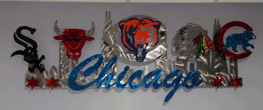 Decorative sign with Chicago sports team logos and city name in script
Includes logos of the White Sox, Bulls, Blackhawks, Bears, and Cubs