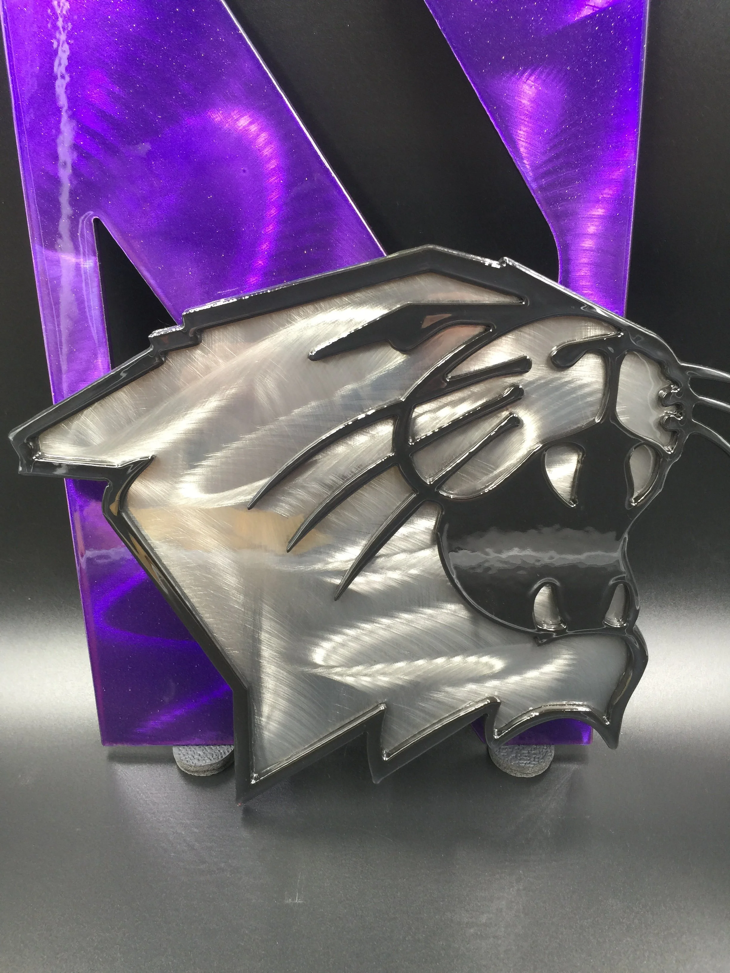 A metallic emblem of a lion's head with black outlines, placed in front of a purple and black background.