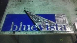A blue and white sign with the word 'bluevista' and a black and gray bird logo.