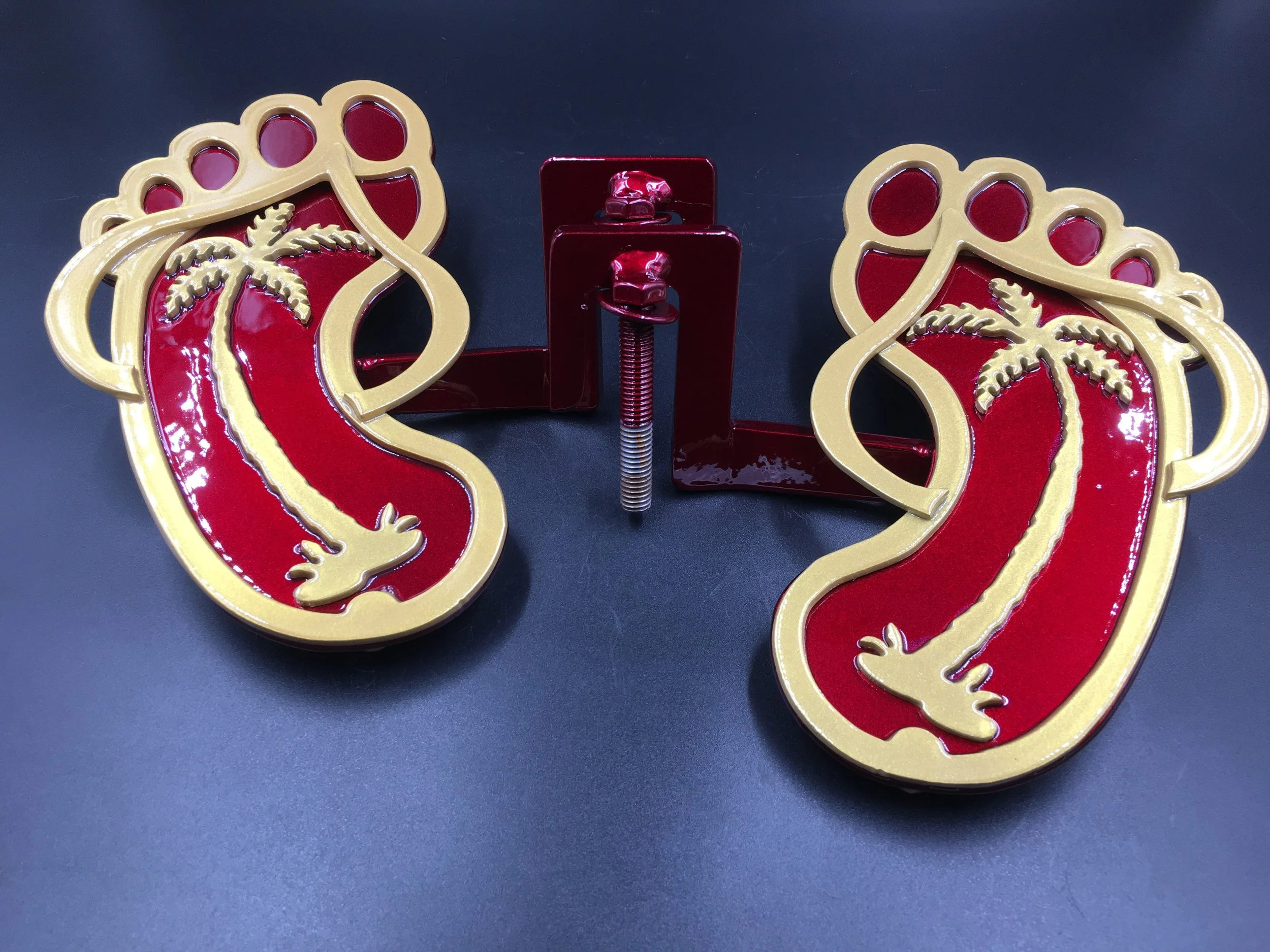 Vibrant Red & Gold Jeep Foot Pegs with Palm Tree Design