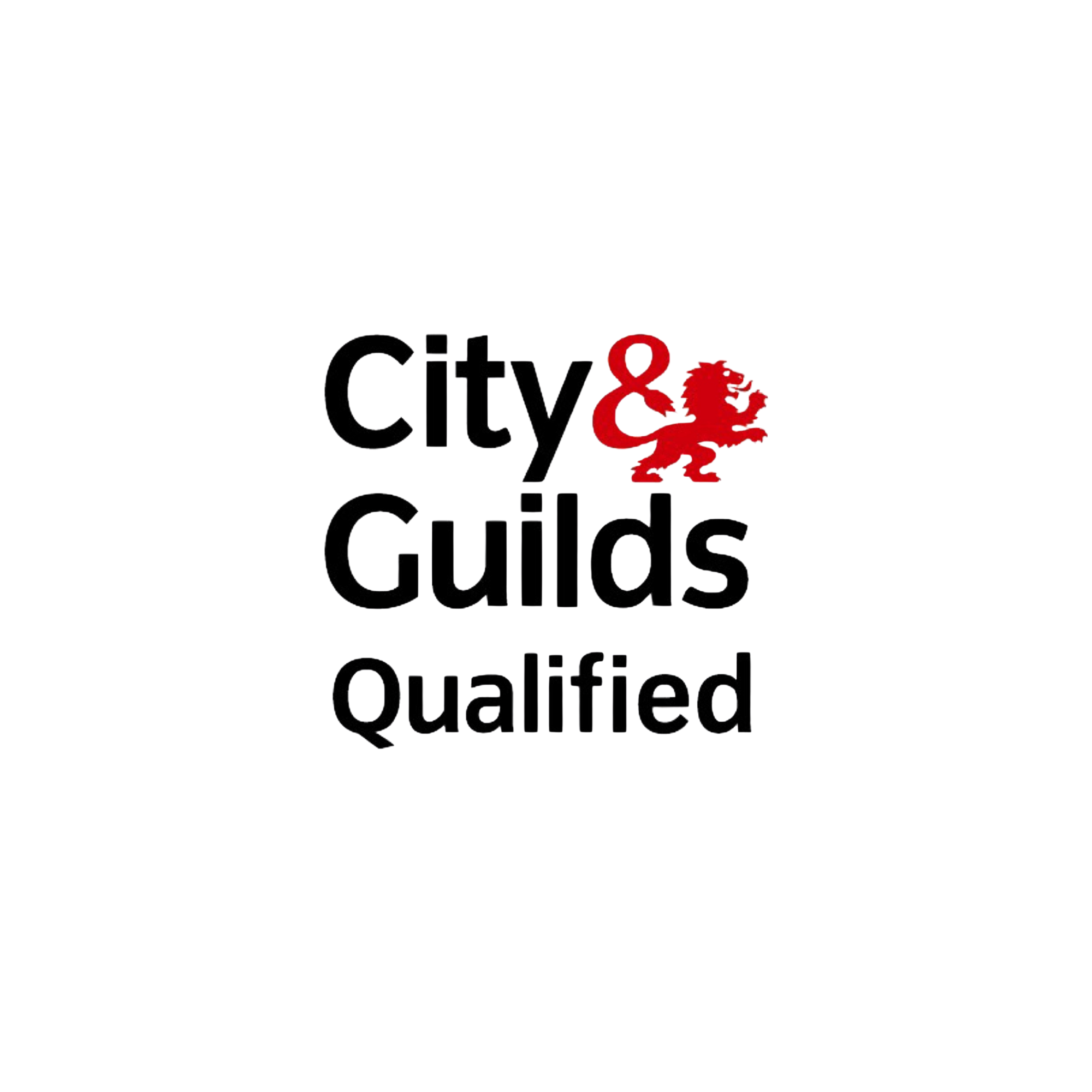 Logo for City & Guilds, featuring black text and a red lion holding a shield, with the words 'City & Guilds Qualified'.