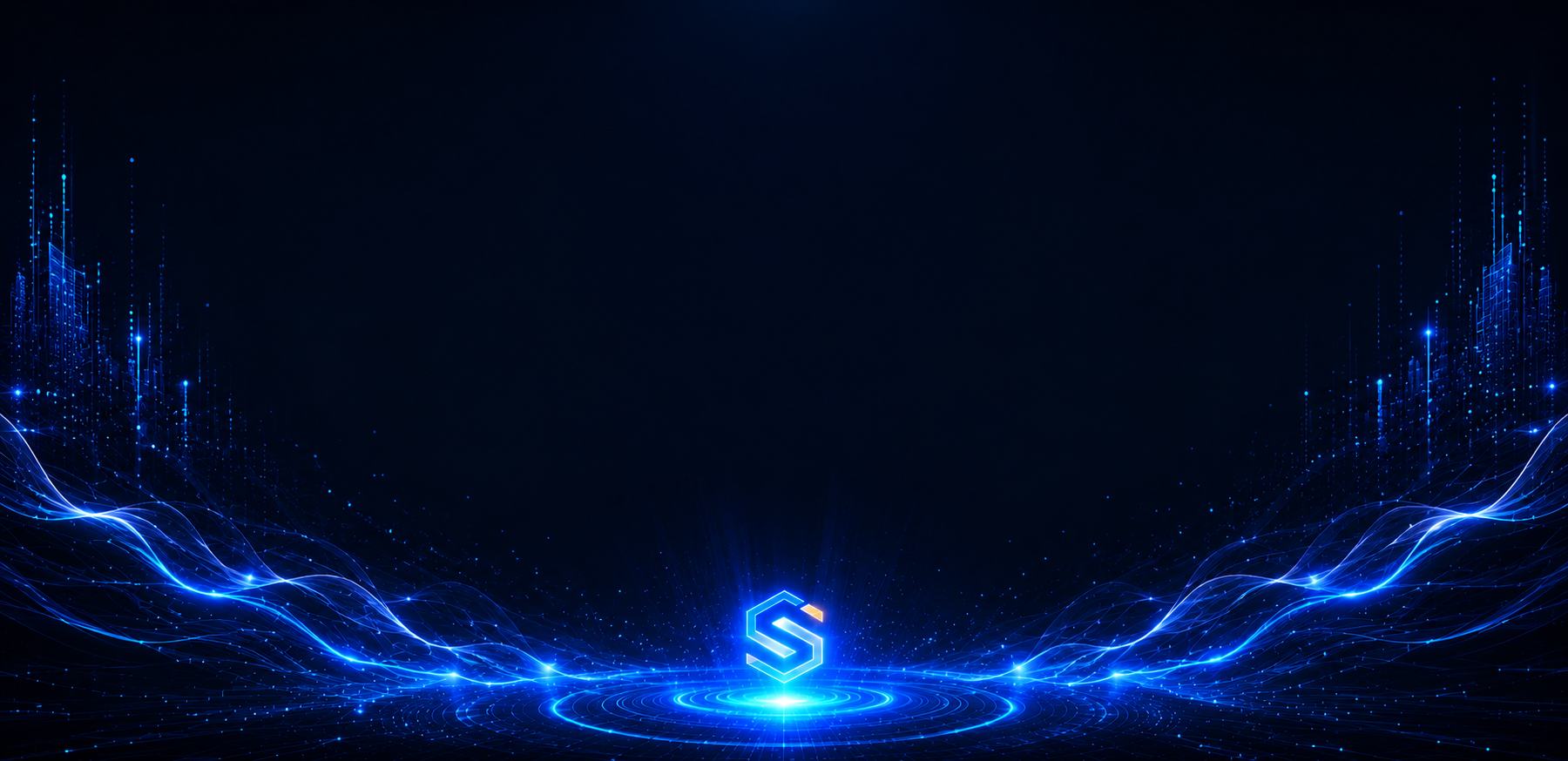 A futuristic digital scene with blue glowing lines and a hexagonal logo at the center, resembling technology or blockchain visualization.
