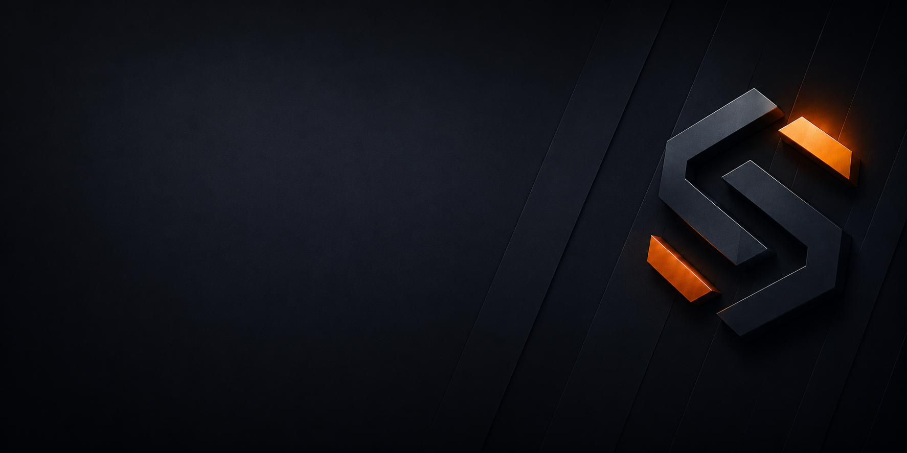 Dark background with a metallic logo featuring an angular, geometric design illuminated with orange light.