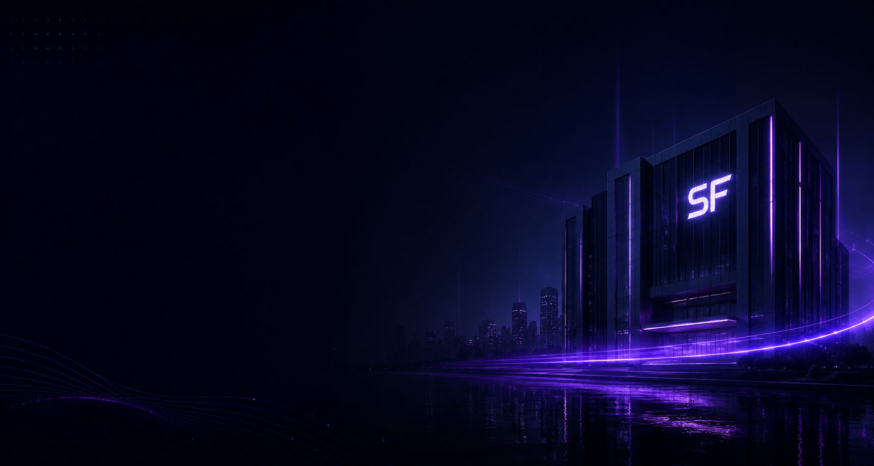 Futuristic cityscape at night with a tall building illuminated with purple neon lights and the letters "SF" on it, with city skyline in the background.