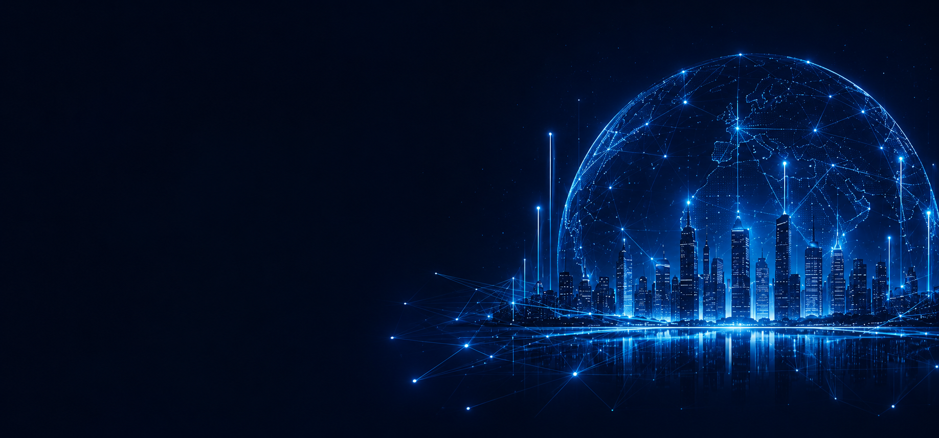Digital illustration of a city skyline at night with a large glowing globe above, connected by digital lines and dots representing a network across the world.